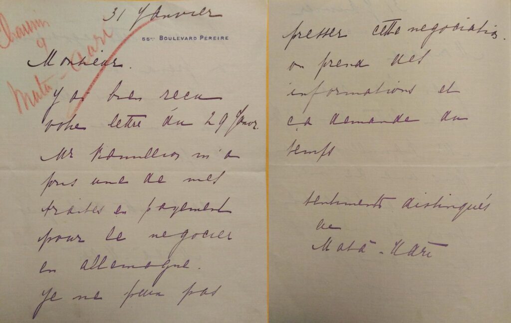 écriture manuscrite de Mata-Hari
