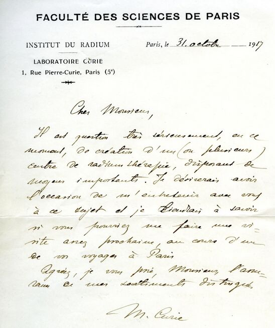 Texte manuscrit de Marie Curie